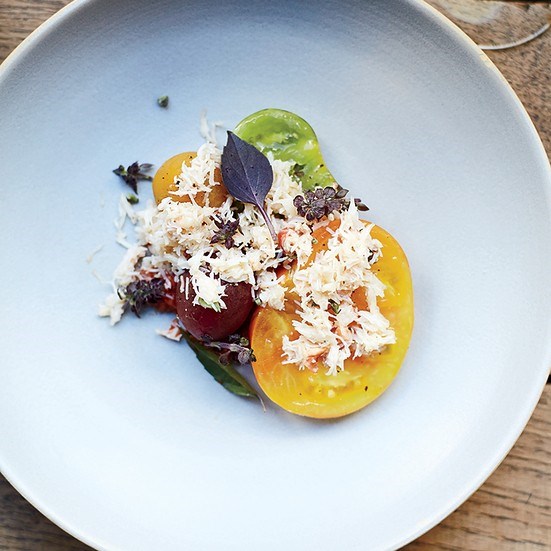 Smoked tomatoes with crab and soppressata
