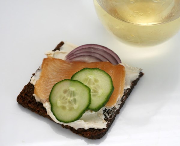 Smoked trout and black garlic open-faced sandwiches