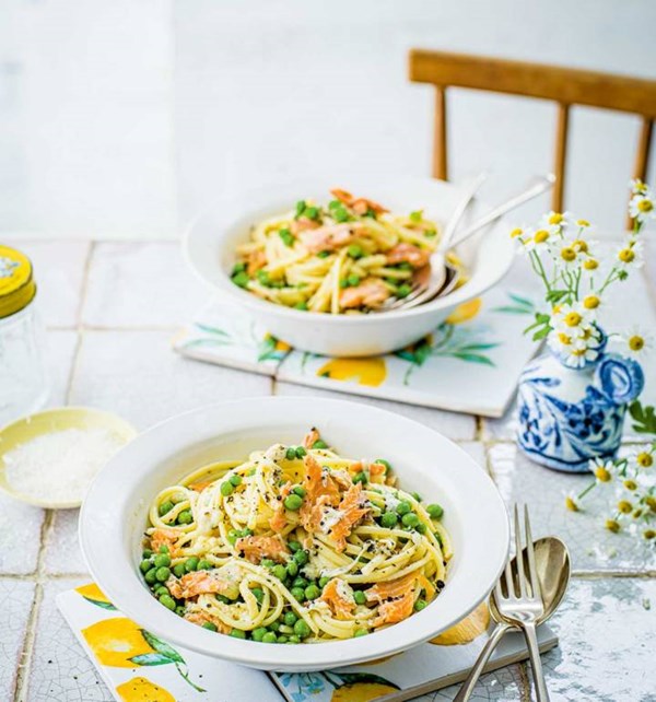 Smoked trout and pea cacio e pepe