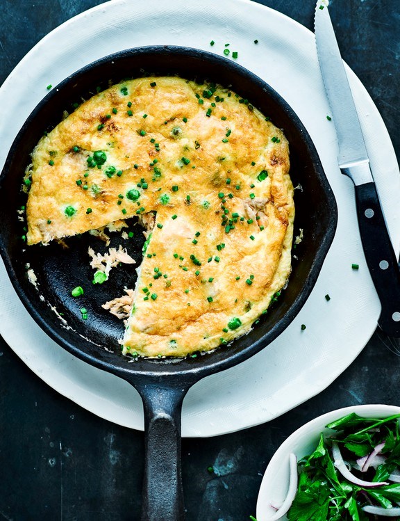 Smoked trout and pea frittata with parsley and red onion salad
