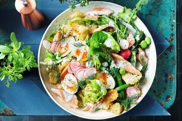 Smoked trout Caesar salad with asparagus and horseradish