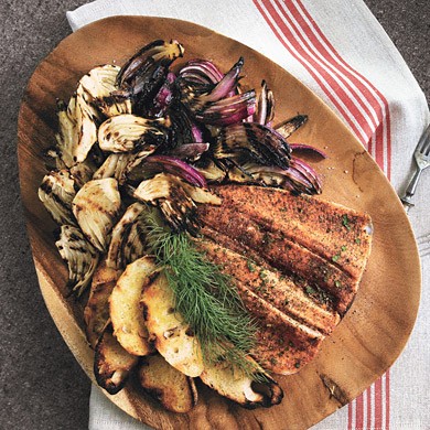 Smoked trout crostini with grilled fennel and red onions