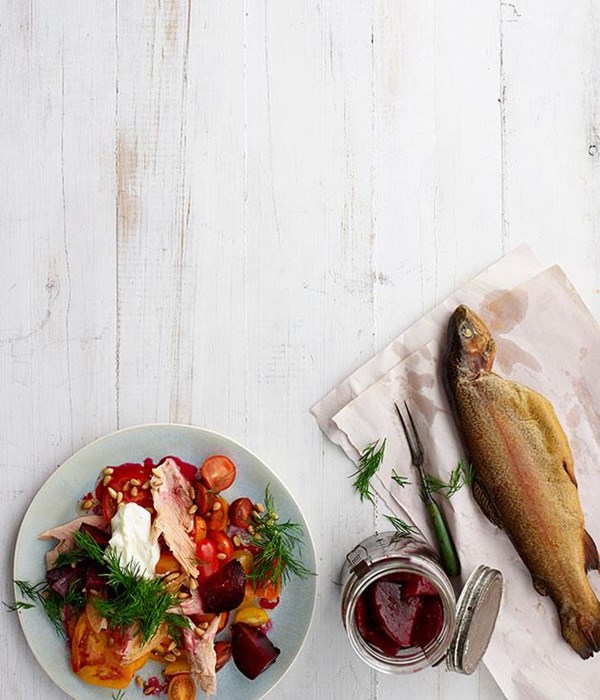 Smoked trout, pickled beetroot and tomato salad