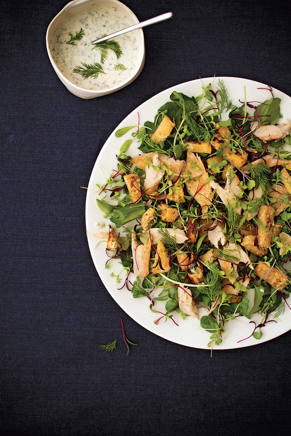 Smoked trout, rutabaga, and microgreen salad