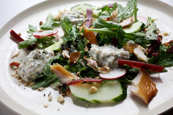 Smoked trout salad with beets and almonds