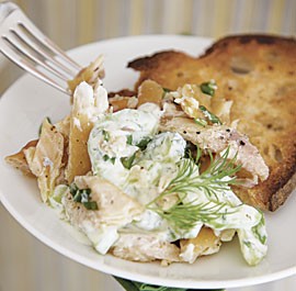 Smoked trout salad with creamy cucumbers, scallions, and dill
