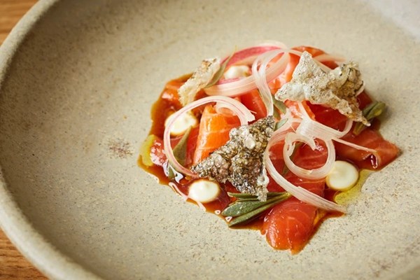 Smoked trout with brown butter and rhubarb