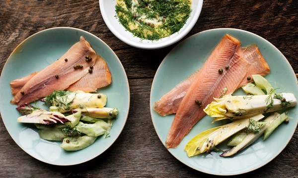 Smoked trout with chicory and green peppercorn mayonnaise
