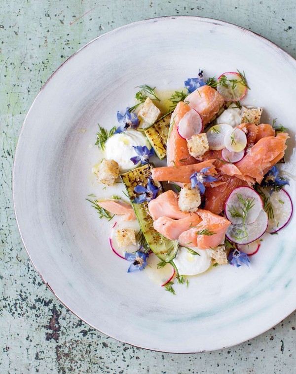 Smoked trout with griddled lemon, cucumber and sourdough croutons