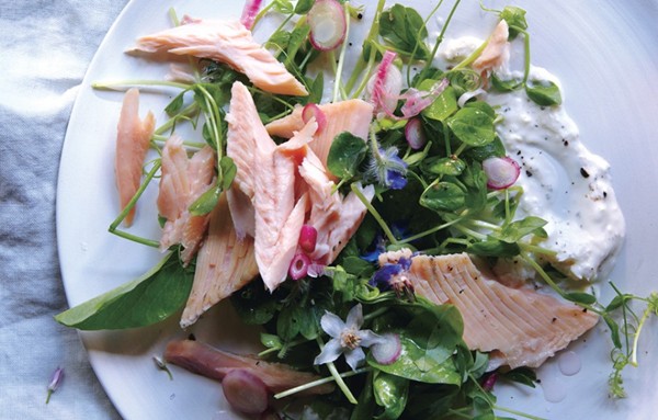 Smoked trout with pea shoots and spring onions