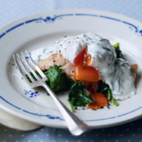 Smoked trout with spinach and poached egg