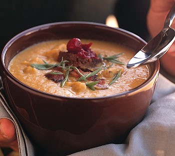 Smoked turkey and bacon chowder with pumpernickel and cranberry croutons