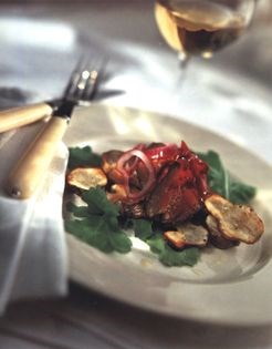 Smoked venison with roast Jerusalem artichokes, pickled onions & smoked chilli