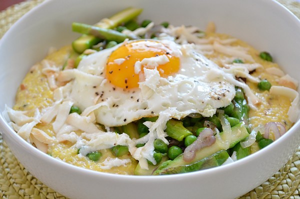 Smokey rosemary polenta with spring vegetables