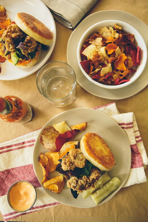 Smokey shrimp burgers with fried oysters