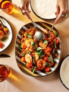 Smoky and spicy shrimp with anchovy butter and fregola