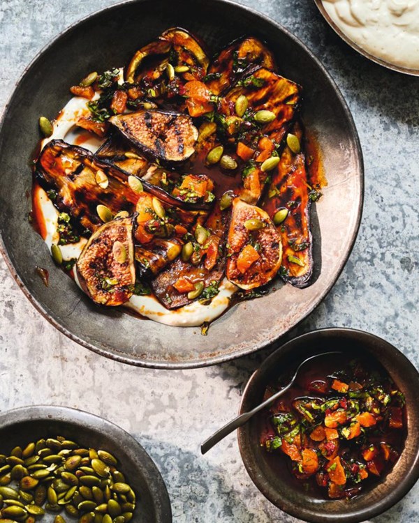 Smoky aubergine and figs with pickled apricot and harissa salsa