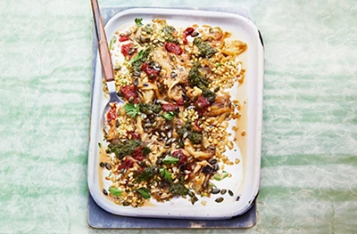 Smoky aubergine freekeh with harissa & zhoug
