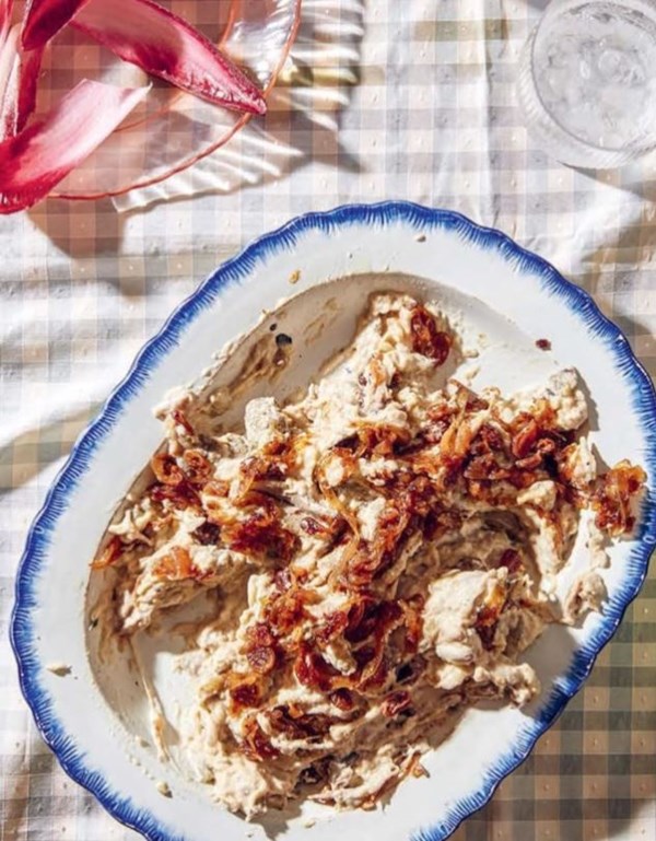 Smoky aubergine maple-pickled sultanas and garam masala onions