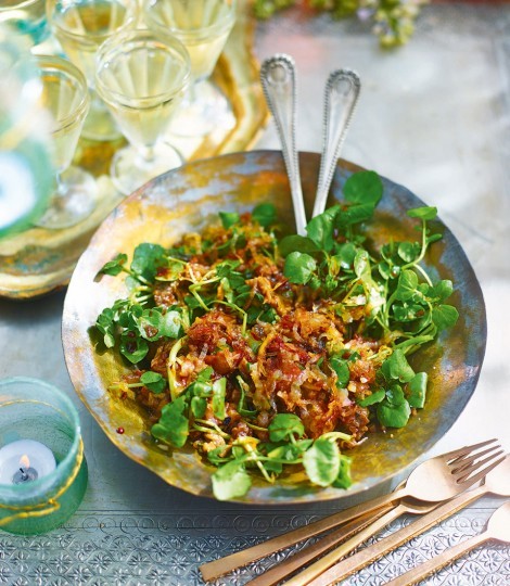 Smoky aubergine salad with caramelised shallots and pomegranate molasses