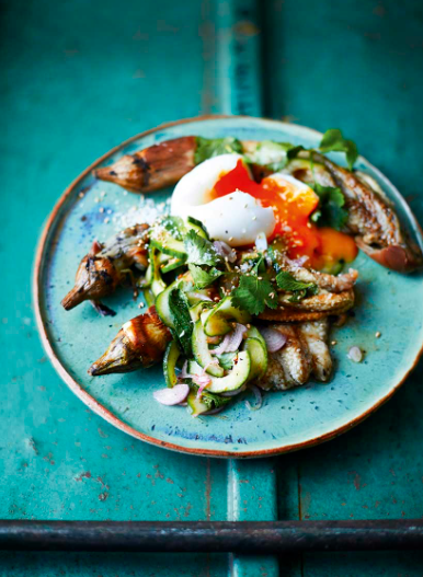 Smoky aubergine salad with runny duck eggs