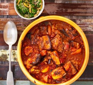 Smoky aubergine tagine with lemon & apricots 