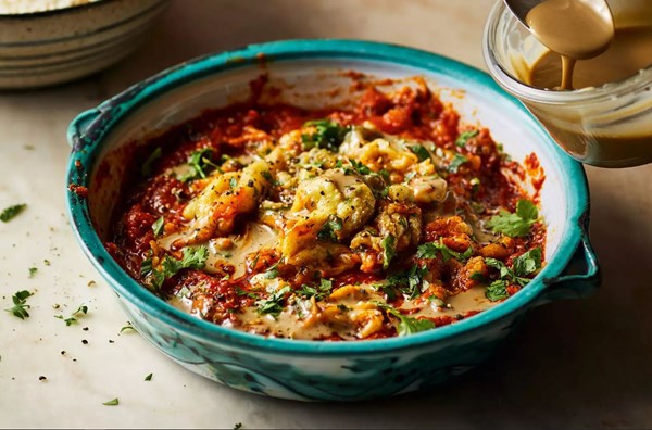 Smoky aubergines with spicy olive & harissa sauce and tahini