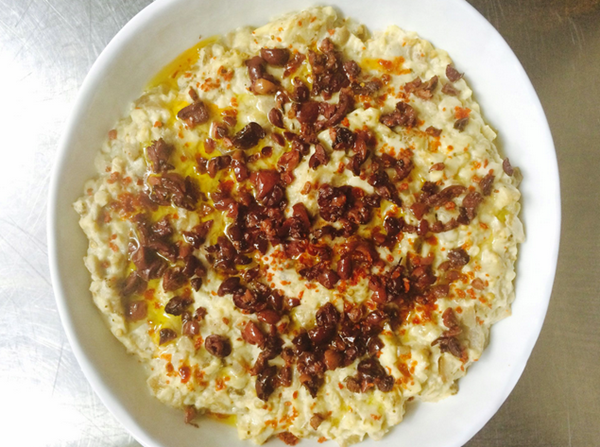 Smoky baba ghannouj with oil-cured black olives