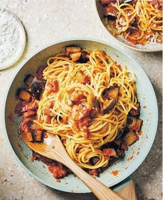 Smoky bacon pasta with sticky chilli aubergine