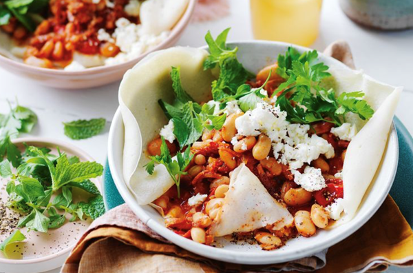 Smoky baked beans with cheat's injera flatbread