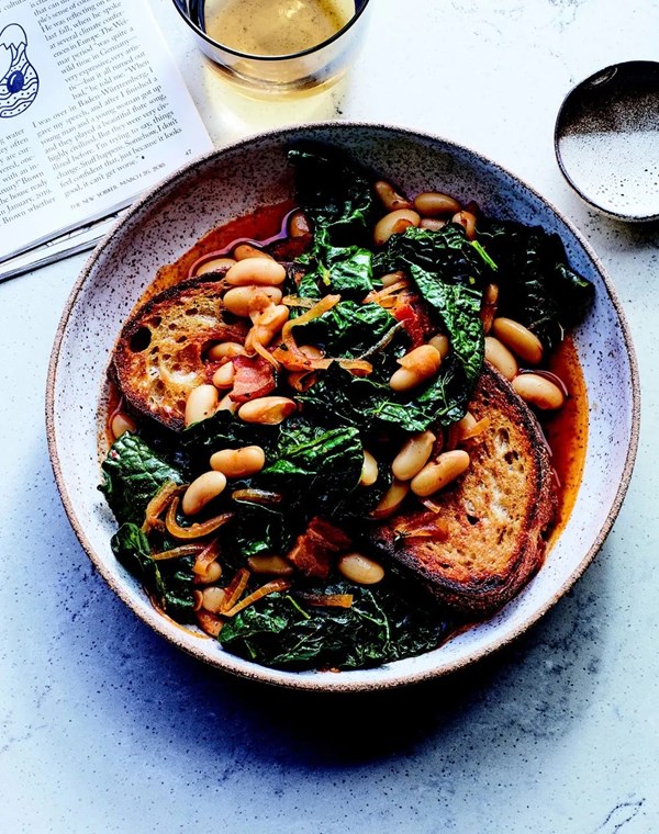 Smoky beans and greens on toast