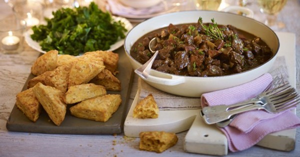 Smoky beef and Rioja stew with paprika and Manchego scones