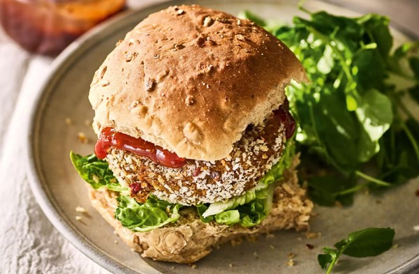 Smoky black bean, sweet potato & tempeh burgers with chipotle ketchup