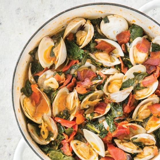 Smoky braised clams with kale