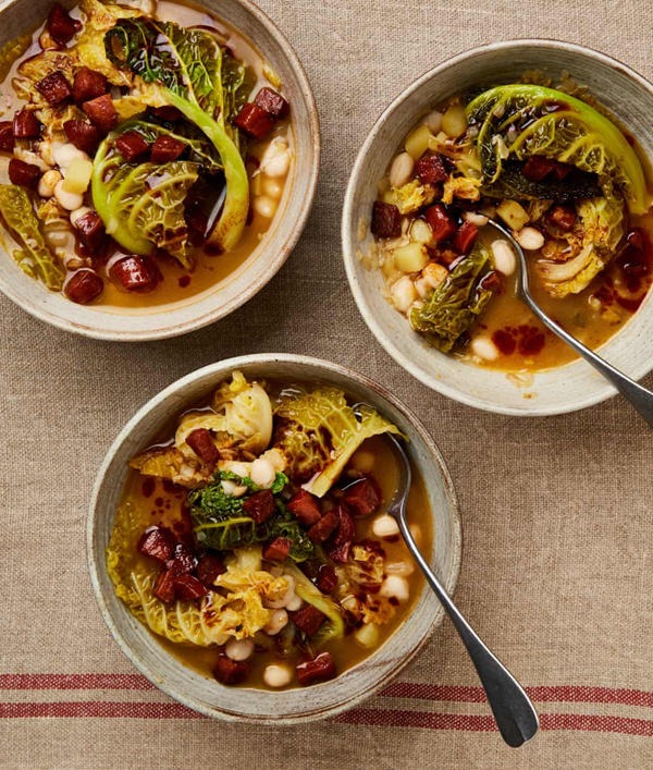 Smoky cabbage and white bean soup with chorizo