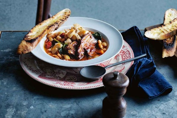 Smoky cannellini bean & speck fish soup