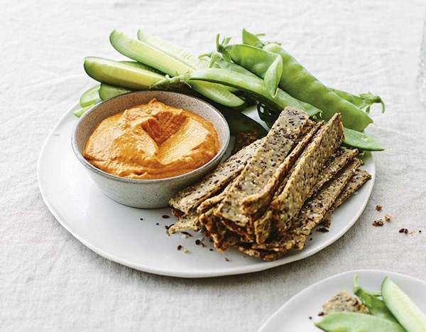 Smoky capsicum dip with seeds crackers