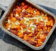Smoky carrot & chickpea traybake