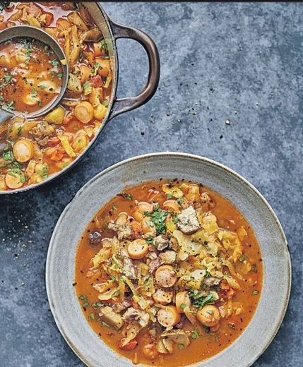 Smoky chestnut, potato & frankfurter soup