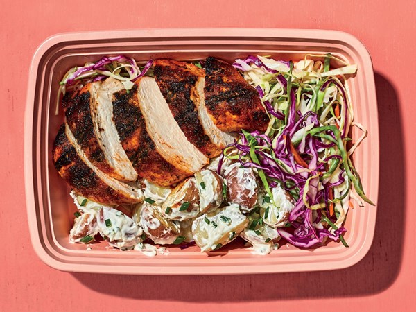 Smoky chicken with potato salad and slaw