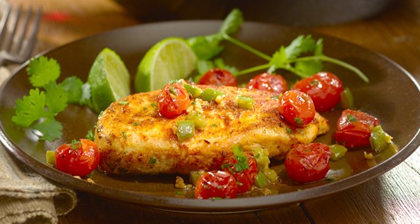 Smoky chicken with skillet-roasted tomatoes