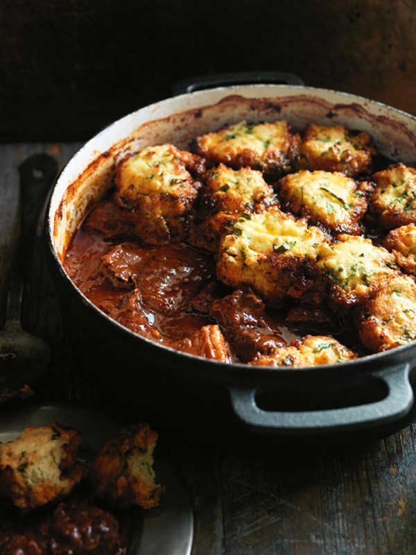Smoky chilli braised beef with cornbread dumplings