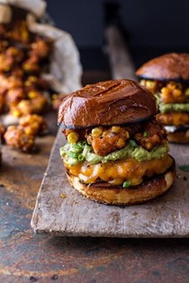 Smoky chipotle cheddar burgers with Mexican street corn fritters