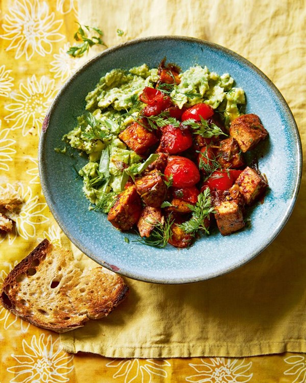 Smoky chipotle tofu with cherry tomatoes and avocado