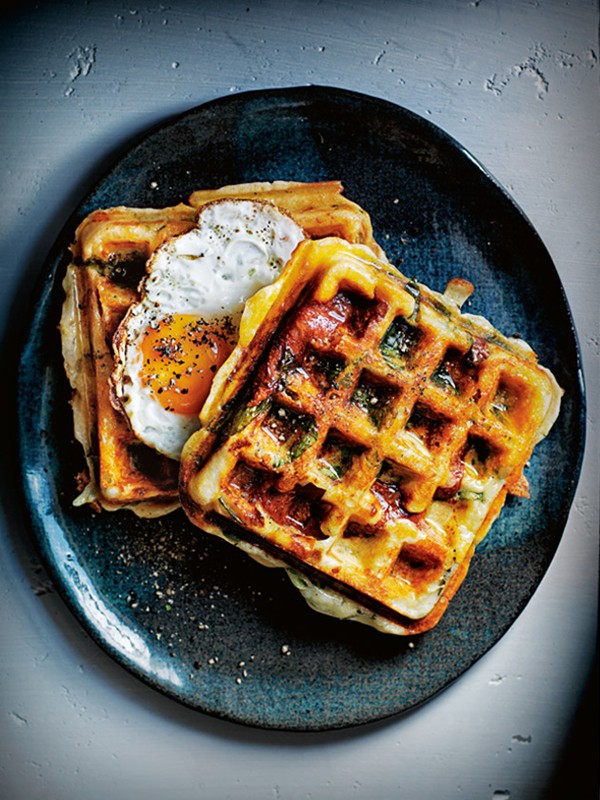Smoky chorizo, haloumi and spinach breakfast waffles