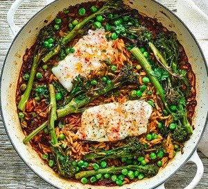 Smoky cod, broccoli & orzo bake