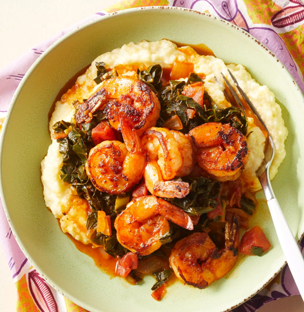 Smoky collards & shrimp with cheesy grits