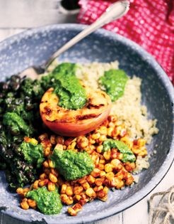 Smoky corn and grilled peach salad with black beans and cilantro jalapeño pesto