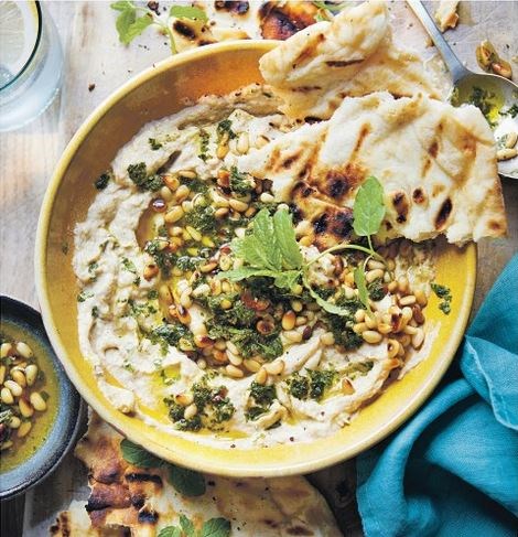 Smoky courgette dip with pine nut, chilli & mint salsa