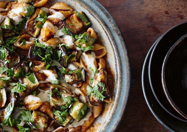 Smoky, creamy pasta with burnt aubergine and tahini